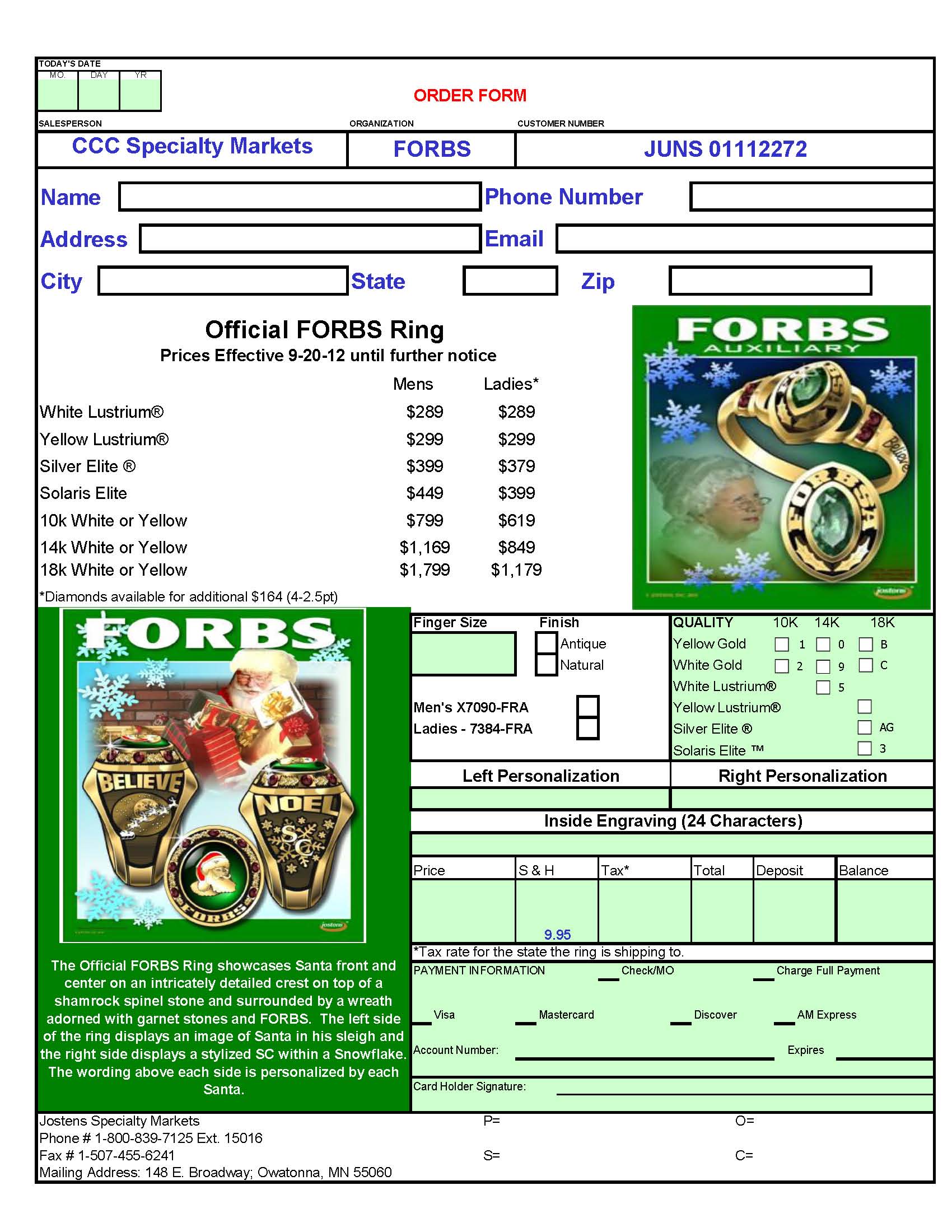 Jostens Order Form - FORBS Ring